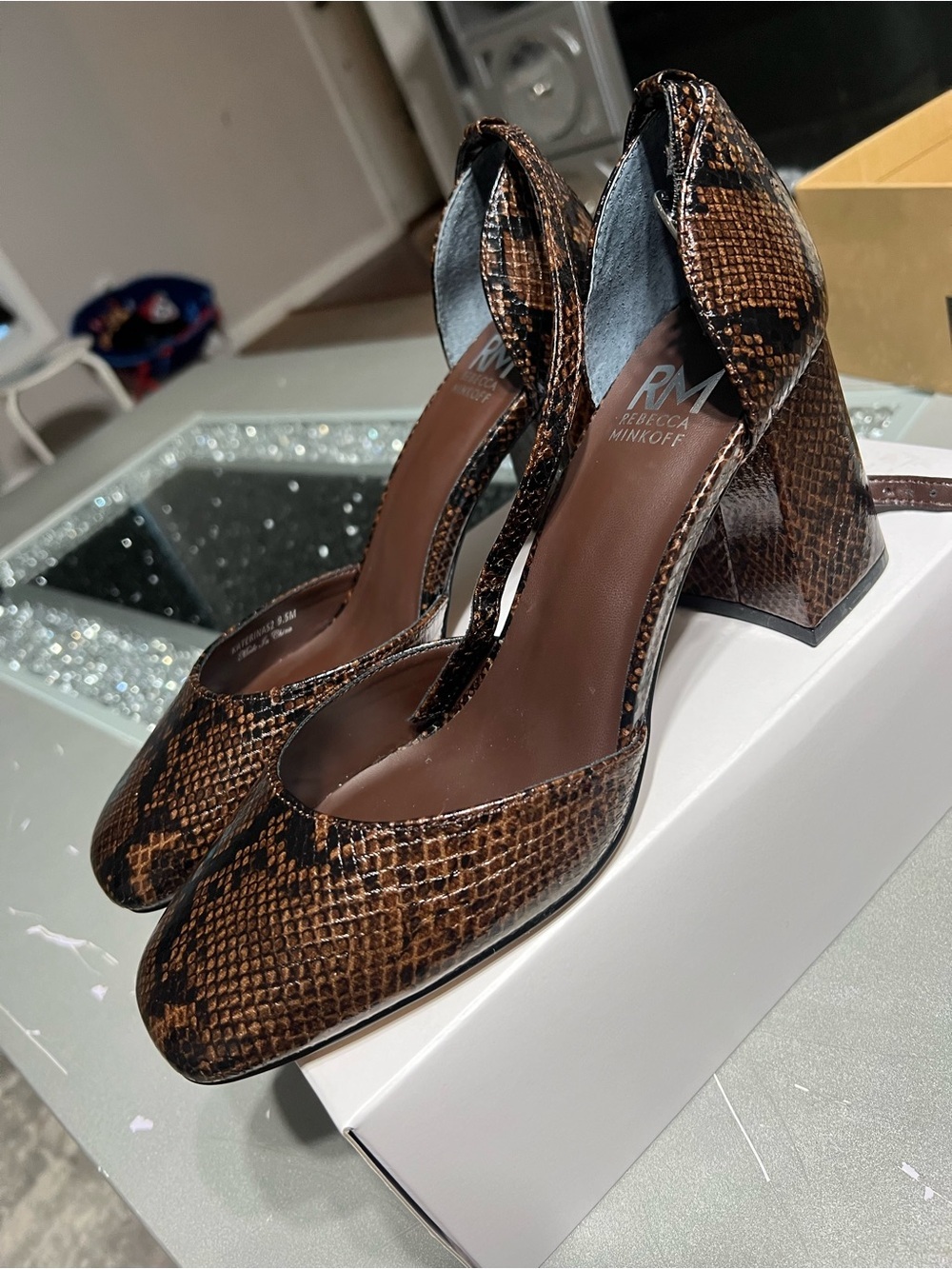 Rebecca Minkoff Brown Snake-Print D’Orsay Block Heels